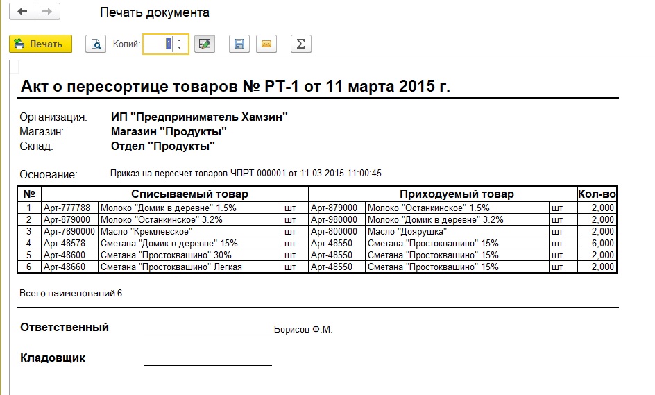 Акт о пересортице образец